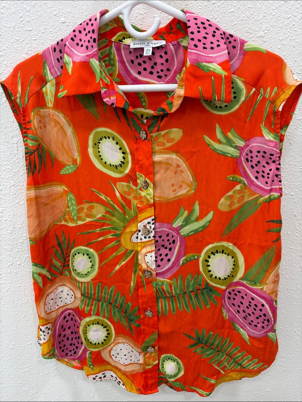 Maison d'Amelie Tropical Fruit Print Women's Blouse With Wooden Buttons